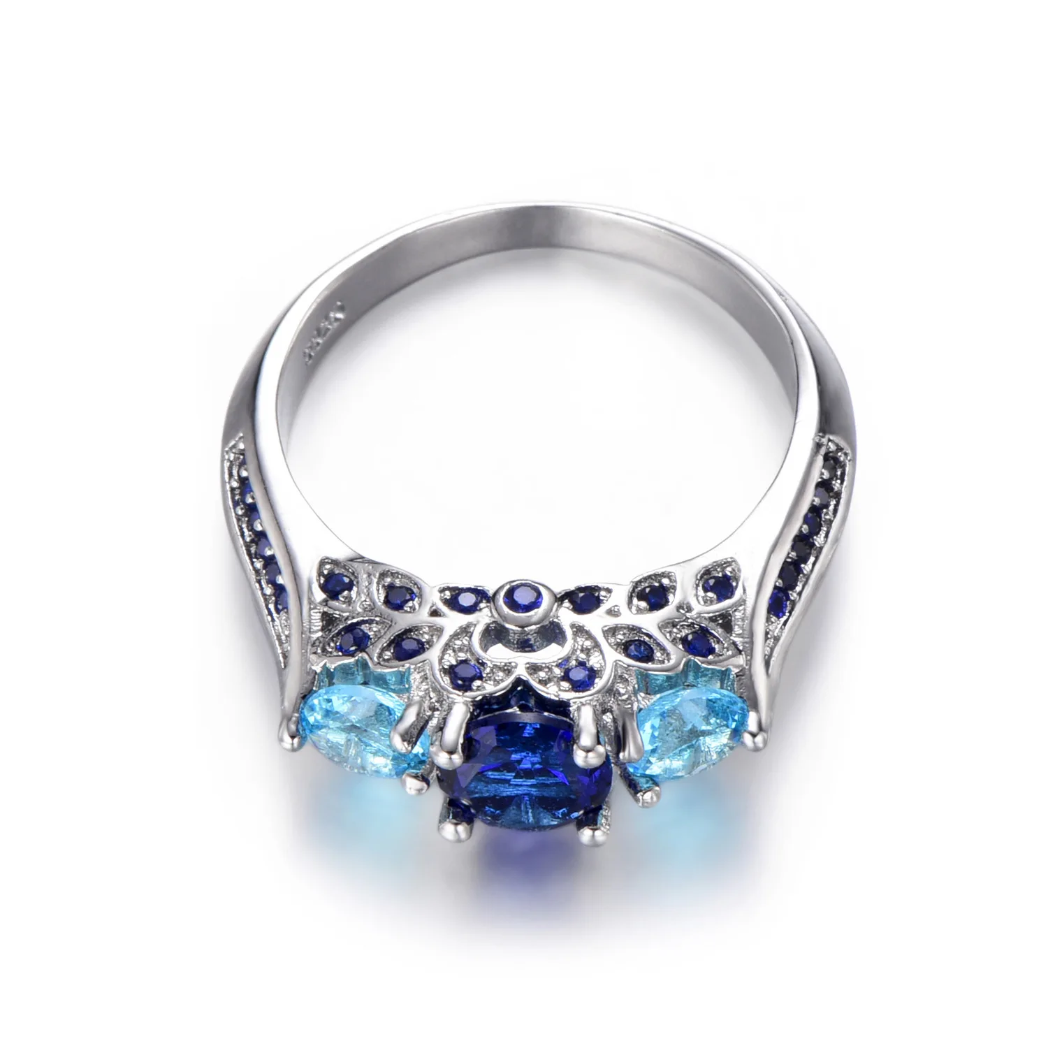 Hot Selling Creative Light Luxury Women's Hand Jewelry 925 Sterling Silver Ring Inlaid With Shiny Blue Crystal And Full Diamonds