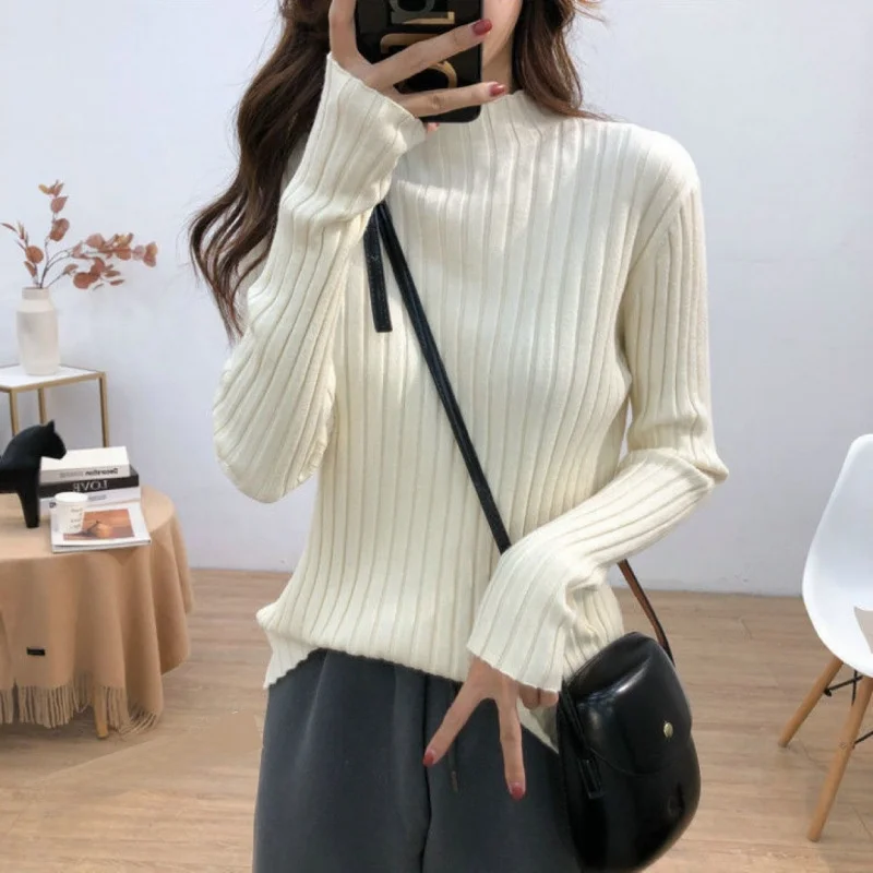 Trendy Semi-High Collar Knitwear Long Sve Loose Women's Inner Wear Base irt Top for Autumn Winter Versatile Faionable