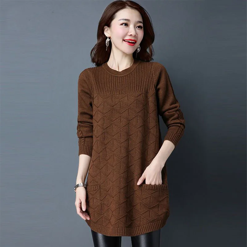 

Fashion O-Neck Pockets Solid Color Casual Sweaters Female Clothing 2023 Winter Loose Commuter Pullovers Warm Tops