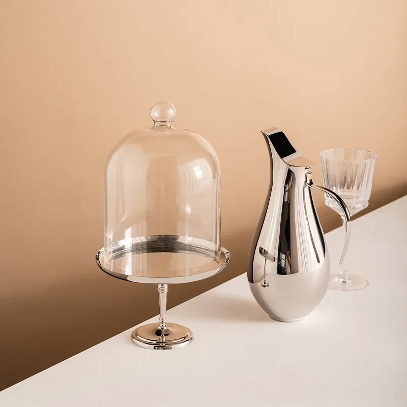 Tall Stainless Steel Cake Stand with Glass Dome European Style Luxury Dessert Display Tray for Pastry Buffet Table Decoration