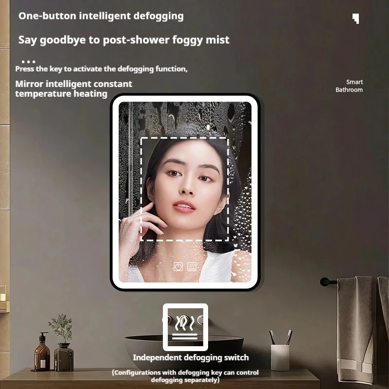 Bathroom Mirror Square Smart LED Bathroom with Light Defogging Makeup Luminous Touch Screen Wall Hanging Vanity Mirror
