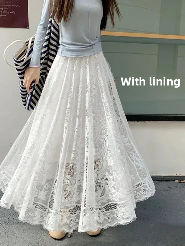 

White Lace Embroidery Hollow out Half Skirt Women's Summer New Style Large Flounce High Waist Slim A-Line Umbrella Skirt