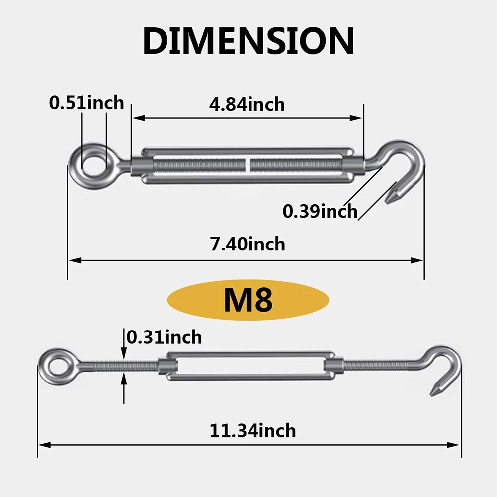 Shade Sail Hardware 304 Stainless Steel Turnbuckle Heavy Duty M8 Turnbuckle Hook and Eye Tent Rope Tensioner Adjustable Eye Hook