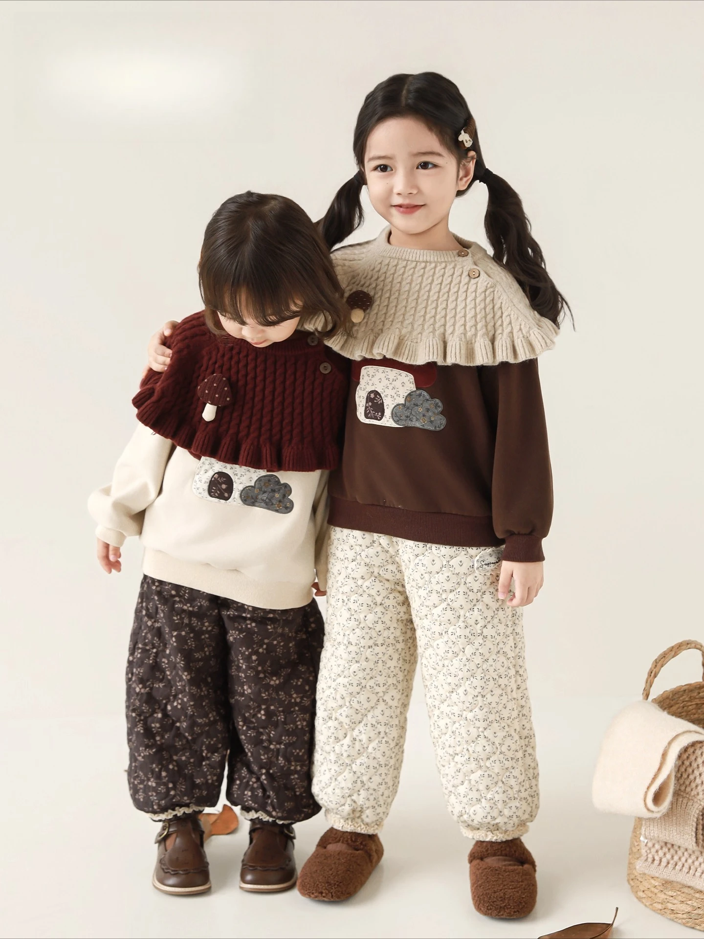 

New 2025 Winter Girls Mushroom Print Floral Cuffed Pants Set Fleece Lined Thermal Outfit for 1-7 Years