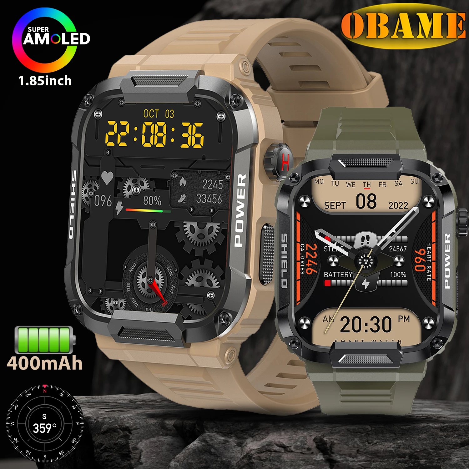 Rugged Military Green Smart Watch Men For Android IOS IP68 Waterproof Sport Fitness Ai Voice Mk66 Smartwatch Outdoor New2025