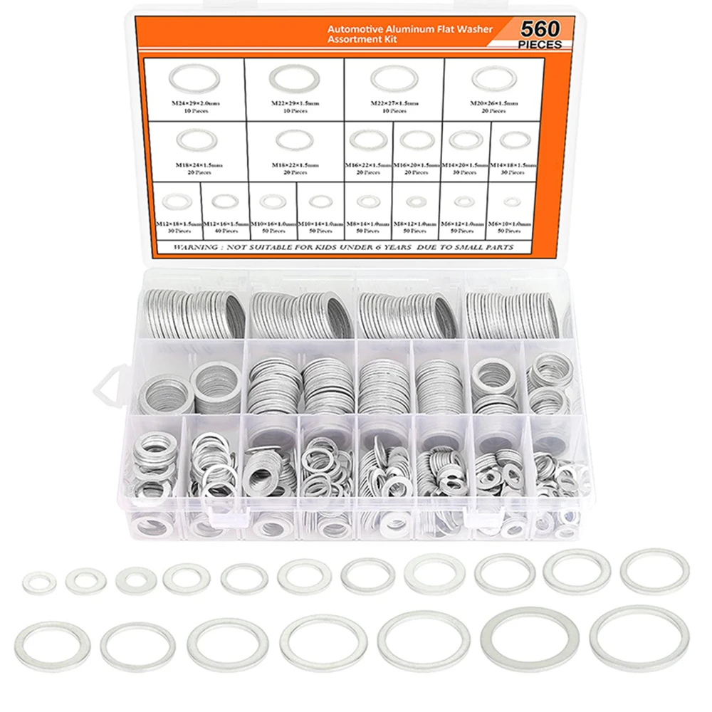 

560 Pieces Of 18 Size Automotive Oil Drain Plug Gasket, Oil Proof Washer, Aluminum Flat Washer Combination Kit (M6-M24)