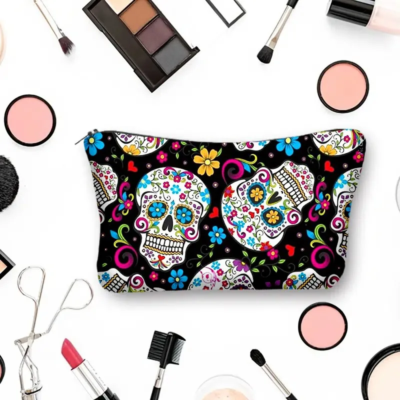 Portable Flower Skull Cosmetic Bag Linen Fabric Makeup Organizer for Travel Lightweight Fashionable Cosmetic Bag Zipper Pouch