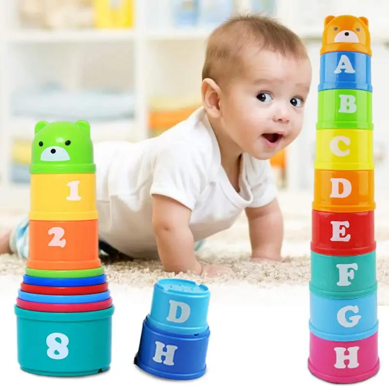 Stacking Cups Toy Early Educational Figures Letters Folding Stack Cup Tower Rainbow Cups Stacking Tower Montessori Toys for Kids
