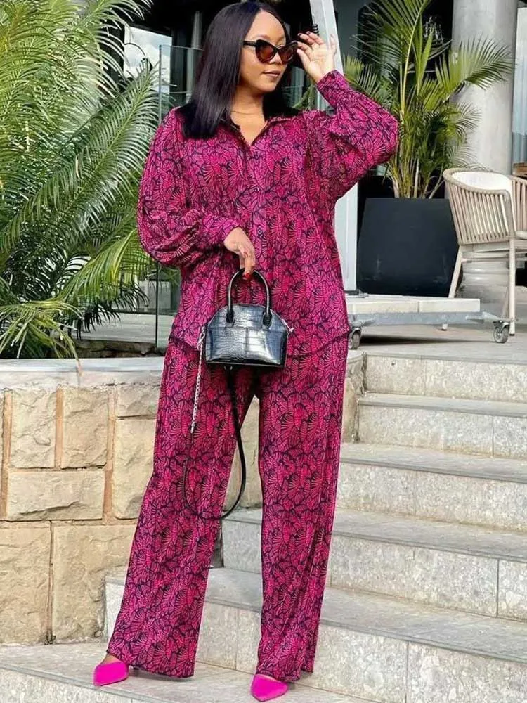 Casual Vacation Outfits Woman Spring Summer Printed Loose Fit Shirt Matching Ladies Pants Set African Fashion Women Clothes view 4