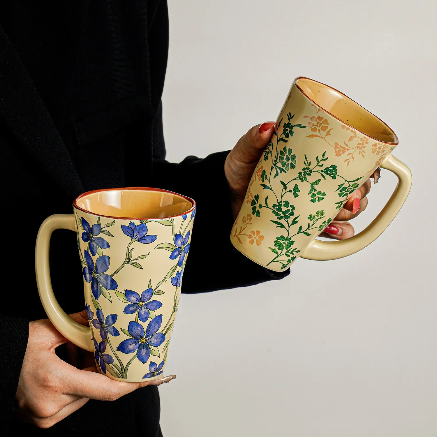 French retro cup ceramic home hand-painted flower water cup couple coffee cup 400ml