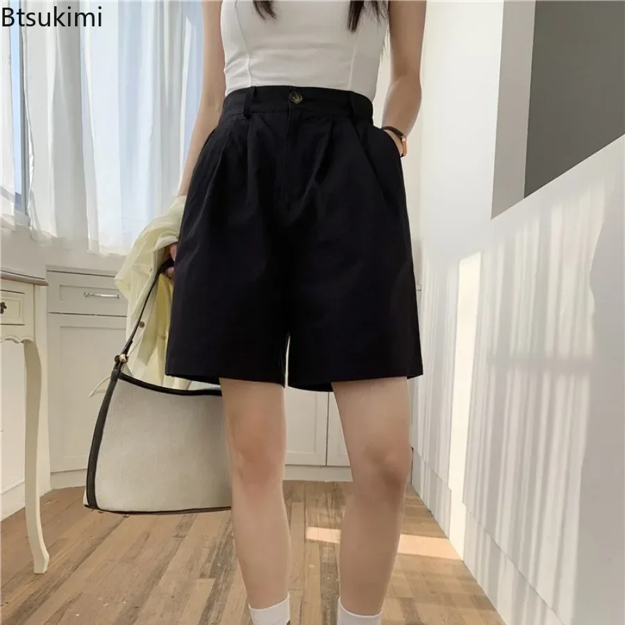 Summer New Women's Solid Versatile Casual Shorts Japanese Style Loose Simple High Waist Wide Leg Short Pants Ladies Retro Shorts