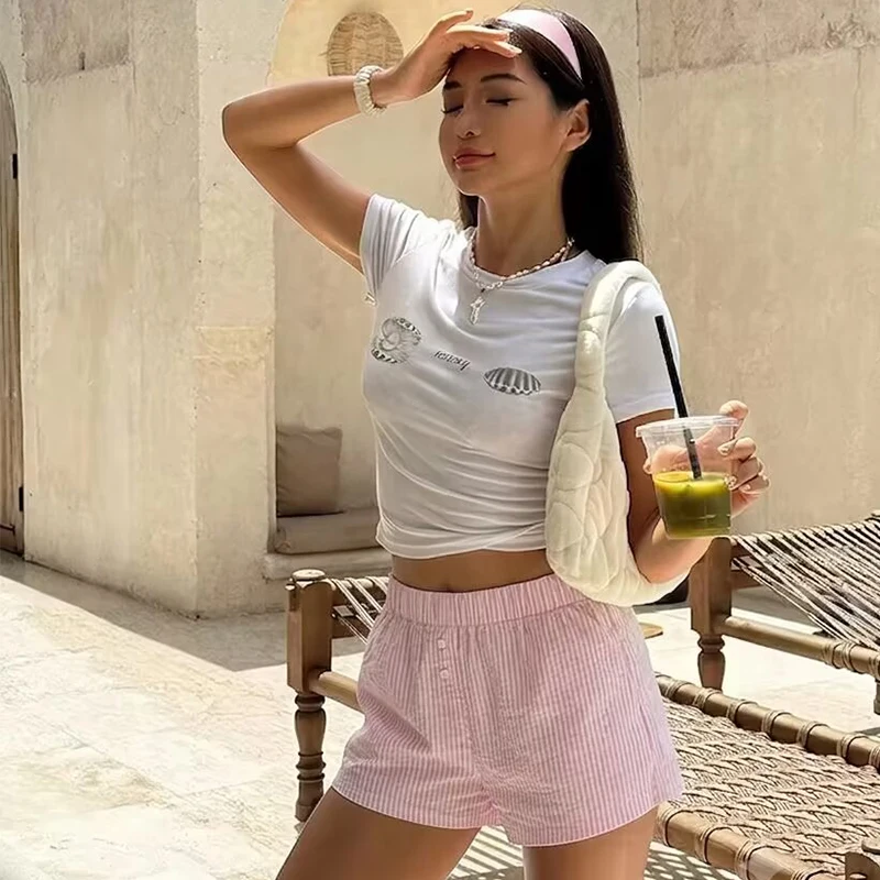 Summer Holiday Women Striped Short Pants Elastic Waistband Button Front Design Loose Breathable Sleepwear Beach Going‑Out Shorts