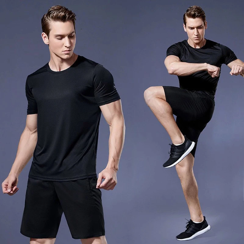 Quick-drying Men Running Shirts Fitness Compression Gym Polyester Sports T-shirt Black 2023 Workout Training Muscle Fit Clothing