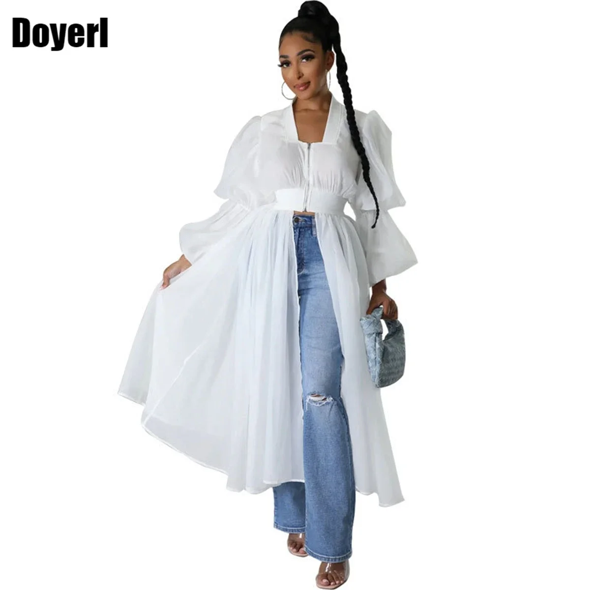 

White Elegant Chiffon Women Shirts Blouses Korean Style Fashion Streetwear Zipper Puff Long Sleeve Womens Tops and Blouses Party