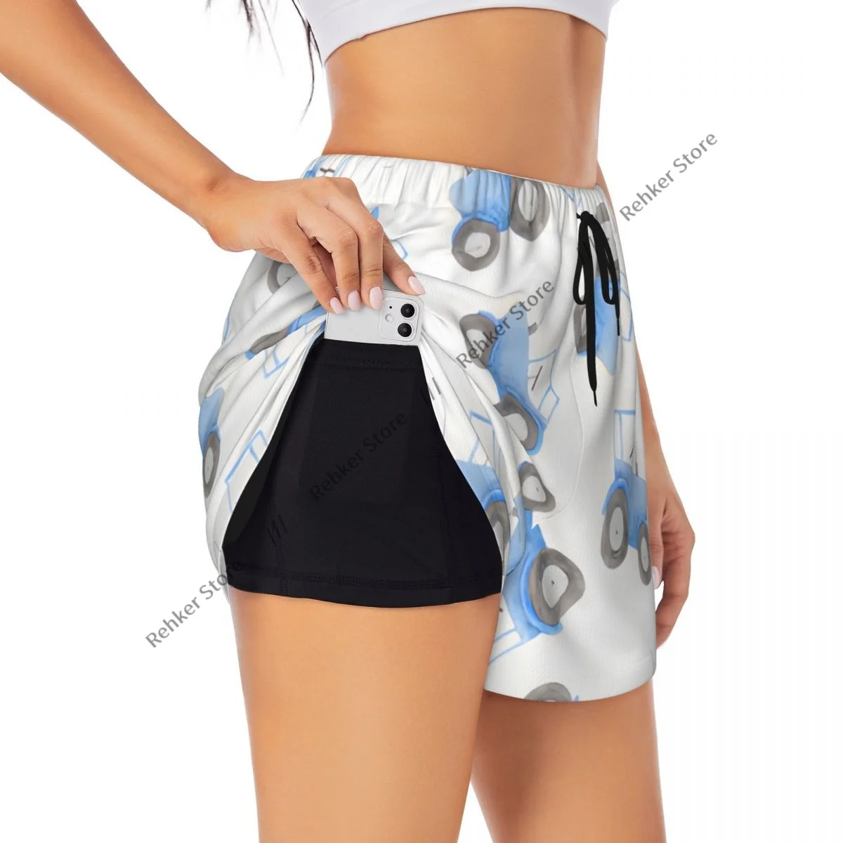 Shorts esportivos femininos ilustração de trator azul corrida yoga fitness treinamento de badminton de secagem rápida com bolso