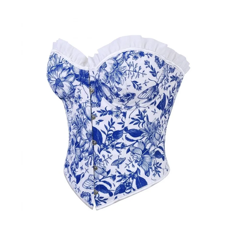 Women Blue Floral Corset Top Bustier Sexy Boned Overbust Button Ruffle Vintage Body Shaper