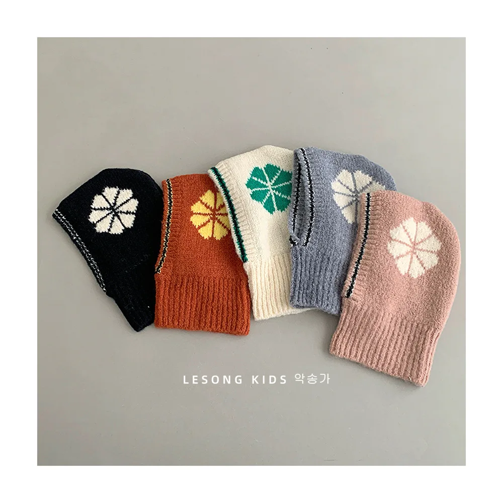 Gorro de punto de una pieza para bebé, bufanda Retro con flores contrastantes, chal de lana, Otoño e Invierno