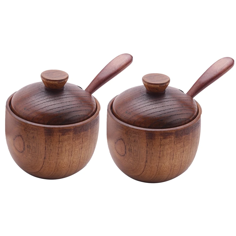 2Pcs Spice Jar Seasoning Can Sugar Bowl With Lid Spoon Wood Spice Storage Box Sugar Pot Salt Jars Kitchen Storage Container Cond