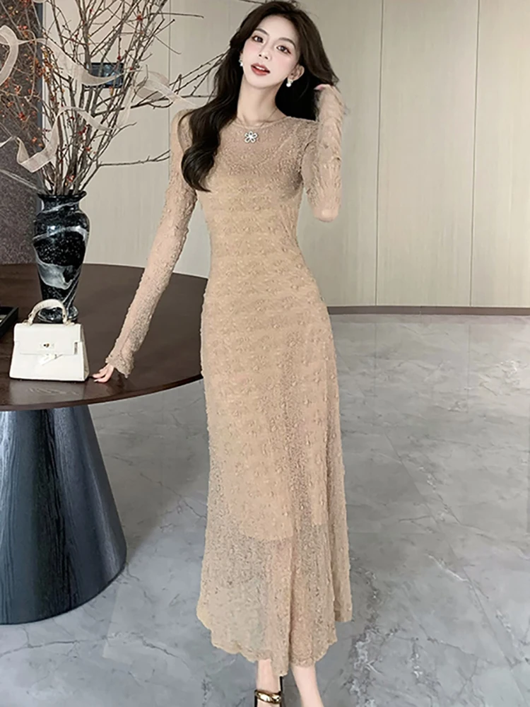 

Women Elegant Bodycon International Dress Autumn Winter Black Lace Jacquard Dress with Long Sleeve 2025 Korean Luxury Prom Dress
