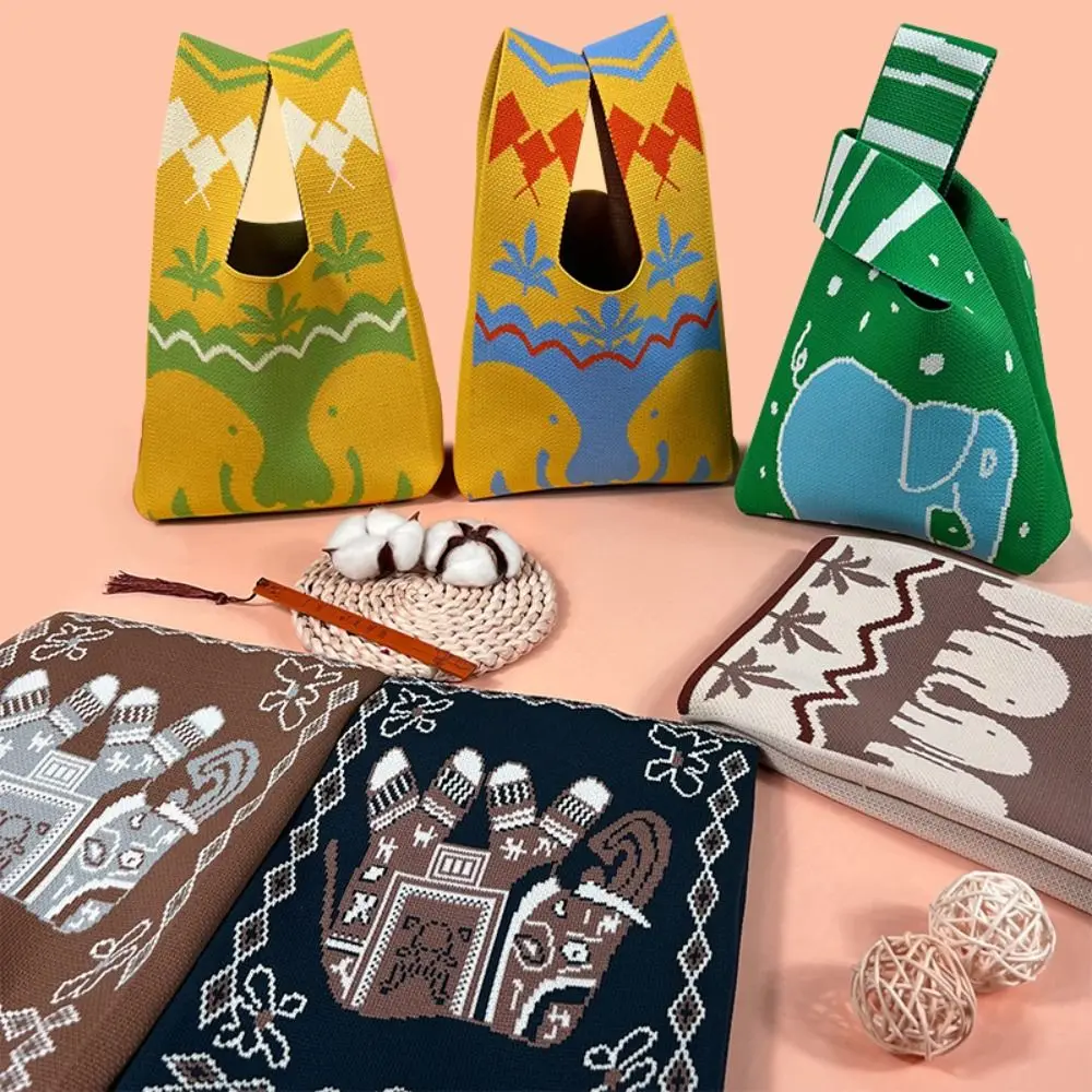 Simple Knitted Knot Wrist Bag Ethnic Style Large Capacity Handbag Handmade Cartoon Elephant Tote Bag Women Girls