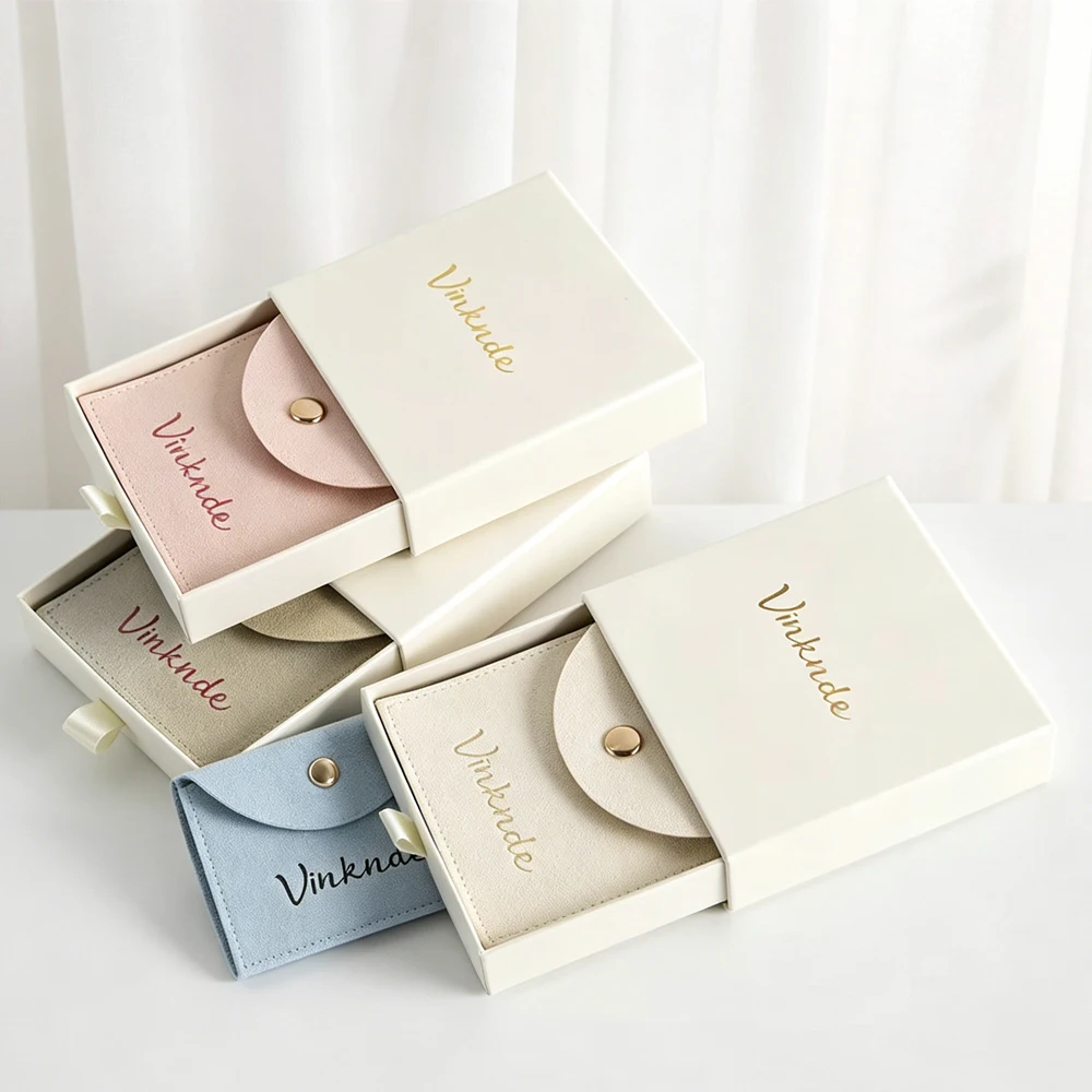

Luxury Cardboard Jewelry Paper Drawer Sliding Box 9x9x2.5cm Ring Necklace Earrings Storage Gift Packaging Box Velvet Snap Bag