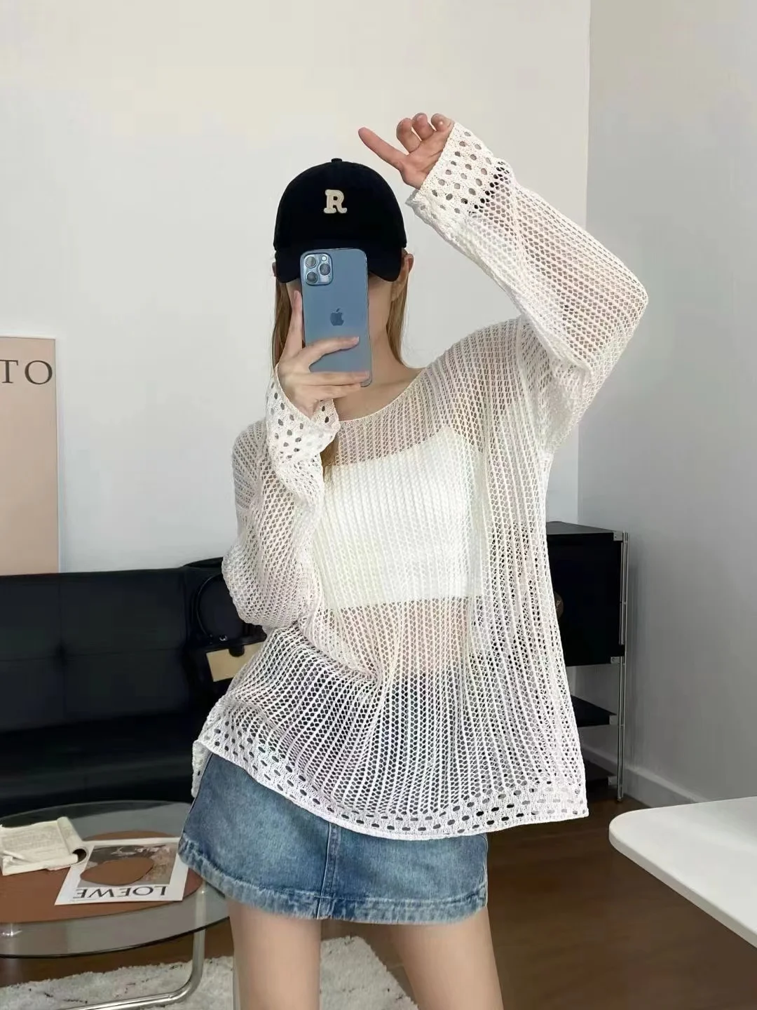 

Summer New Size Super Beautiful Lazy Art Hollow Loose Long sleeved Sunscreen Top High Grade Knitted Shirt for Women