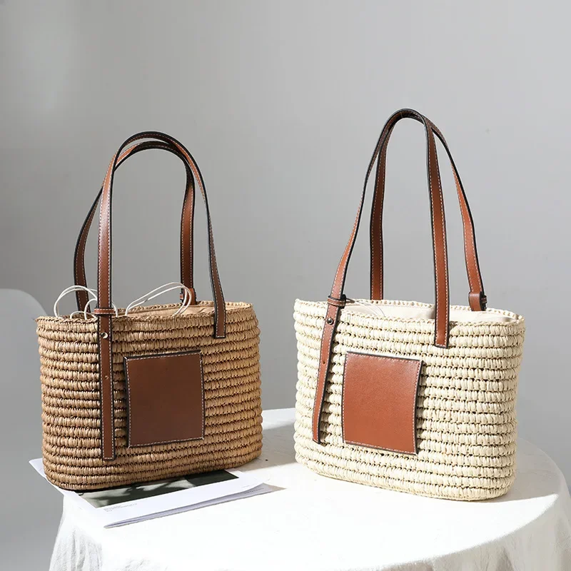 

New Fashionable Square Wicker Handbag Single Shoulder Versatile Handwoven Bag Women's Rattan Basket Bag Soft Polyester Lining