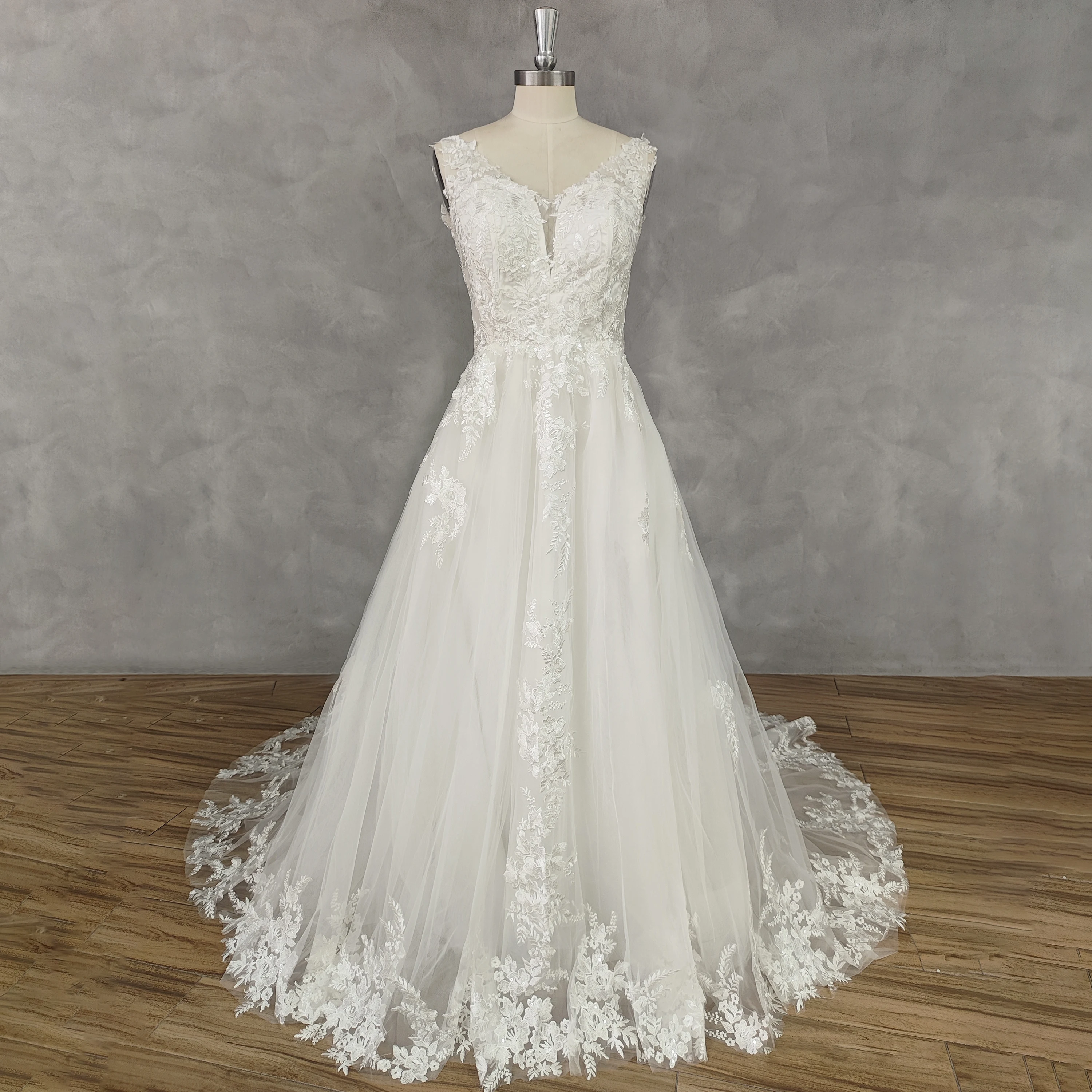 DIDEYTTAWL Real Picture V-Neck Appliques A-Line Tulle Wedding Dress Zipper Back High Side Slit Court Train Bridal Gown