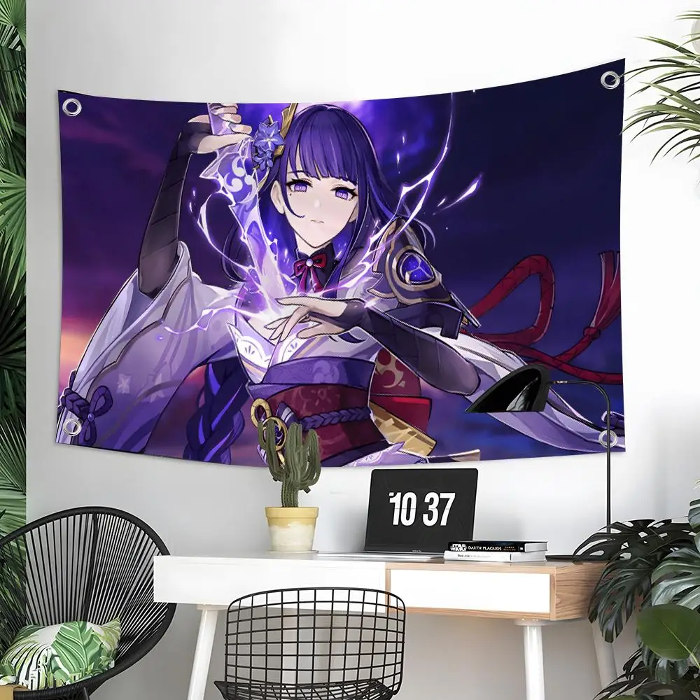 Genshin Impact Raiden Shogun Flags Custom Wall Hanging Background Art Banner For Bedroom Home Living Room Outdoor Decor