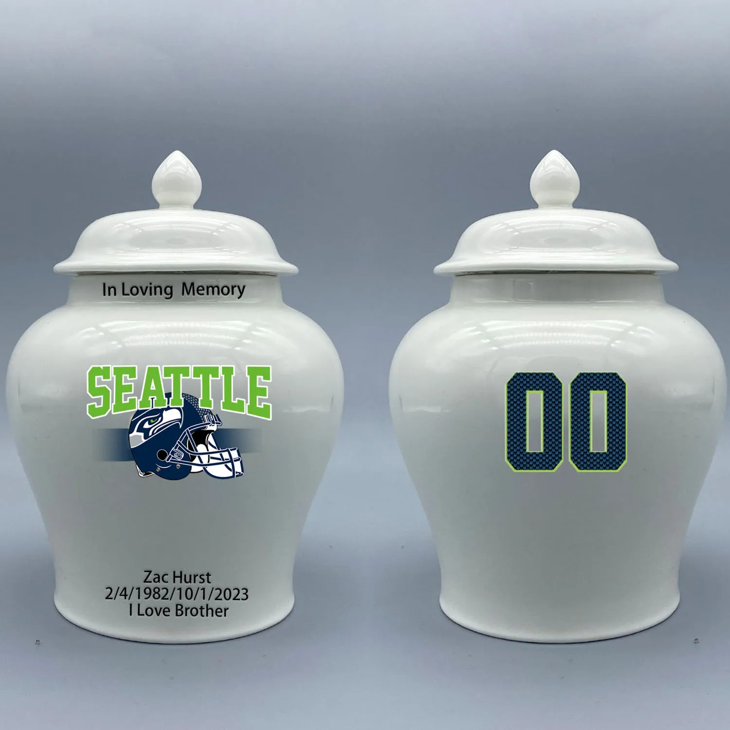 Medium Urn for Seattle Seahawks-themed Logo Urn.Please send me the customize information-name/date and number on the urn