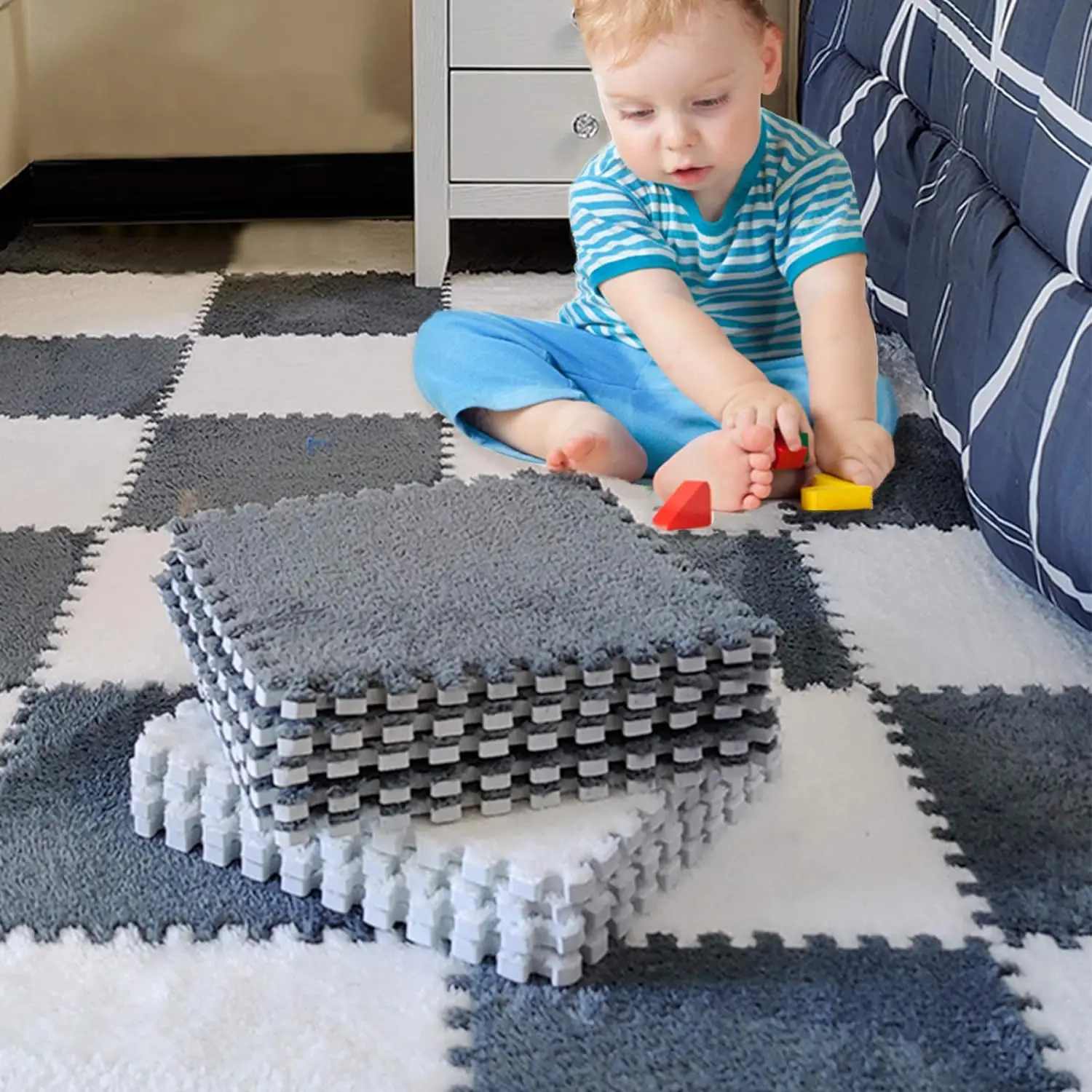 Alfombra de piso de espuma de rompecabezas de felpa para niños con borde, alfombra cuadrada, articulación dividida, alfombras de escalada suaves,