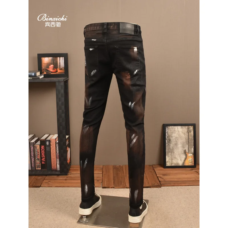 

Винтажные джинсы в стиле ретро, мужские черные модные модные элитные уличные эластичные узкие брюки с небольшой ногой