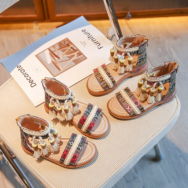 

2025 New Girls Sandals Ethnic Retro Children Fashion Casual Shoes Tassels Back Zipper Summer New Sandals Kids Pattern