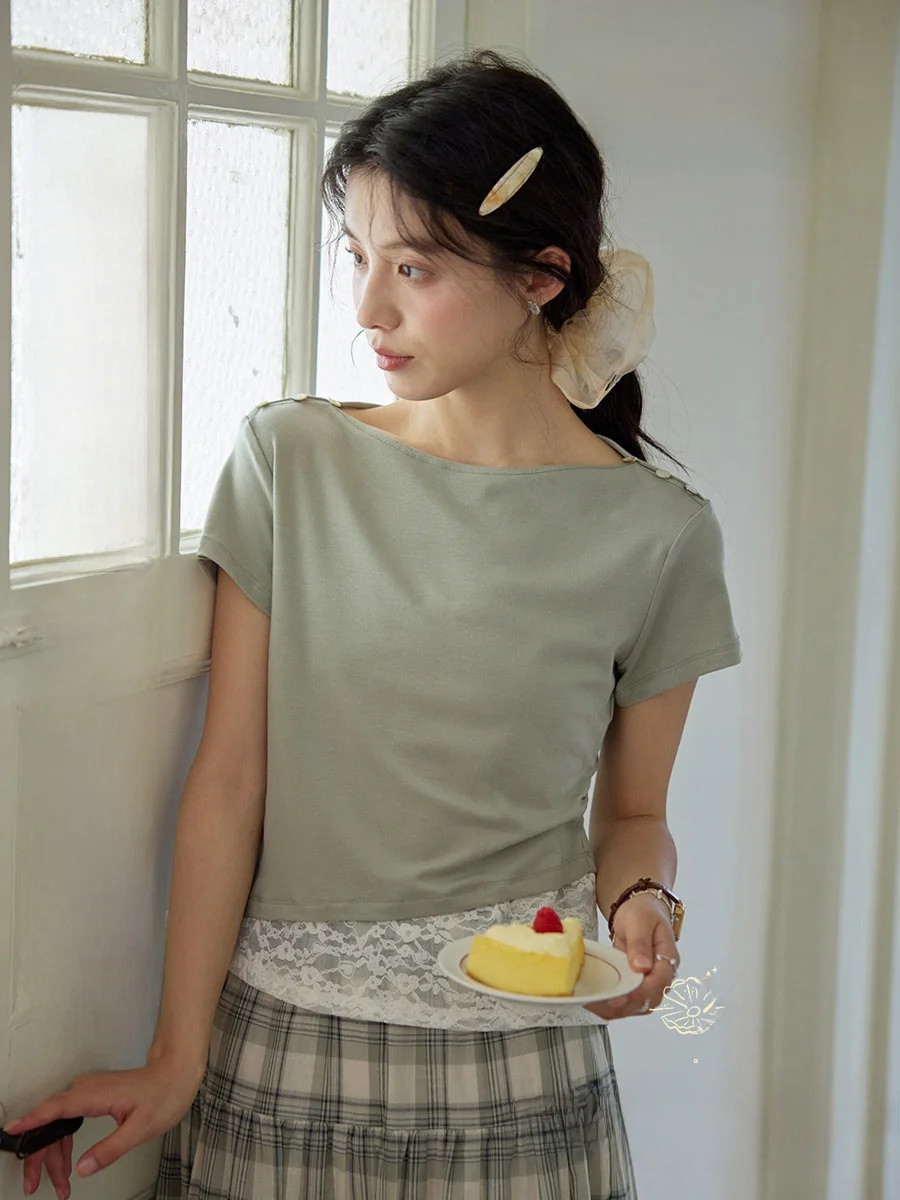 

Nov Et Lace Splice ort Sve T-irt Women's Slim Fit Top ort Sle One oulder Design Pure Color Commute Sle