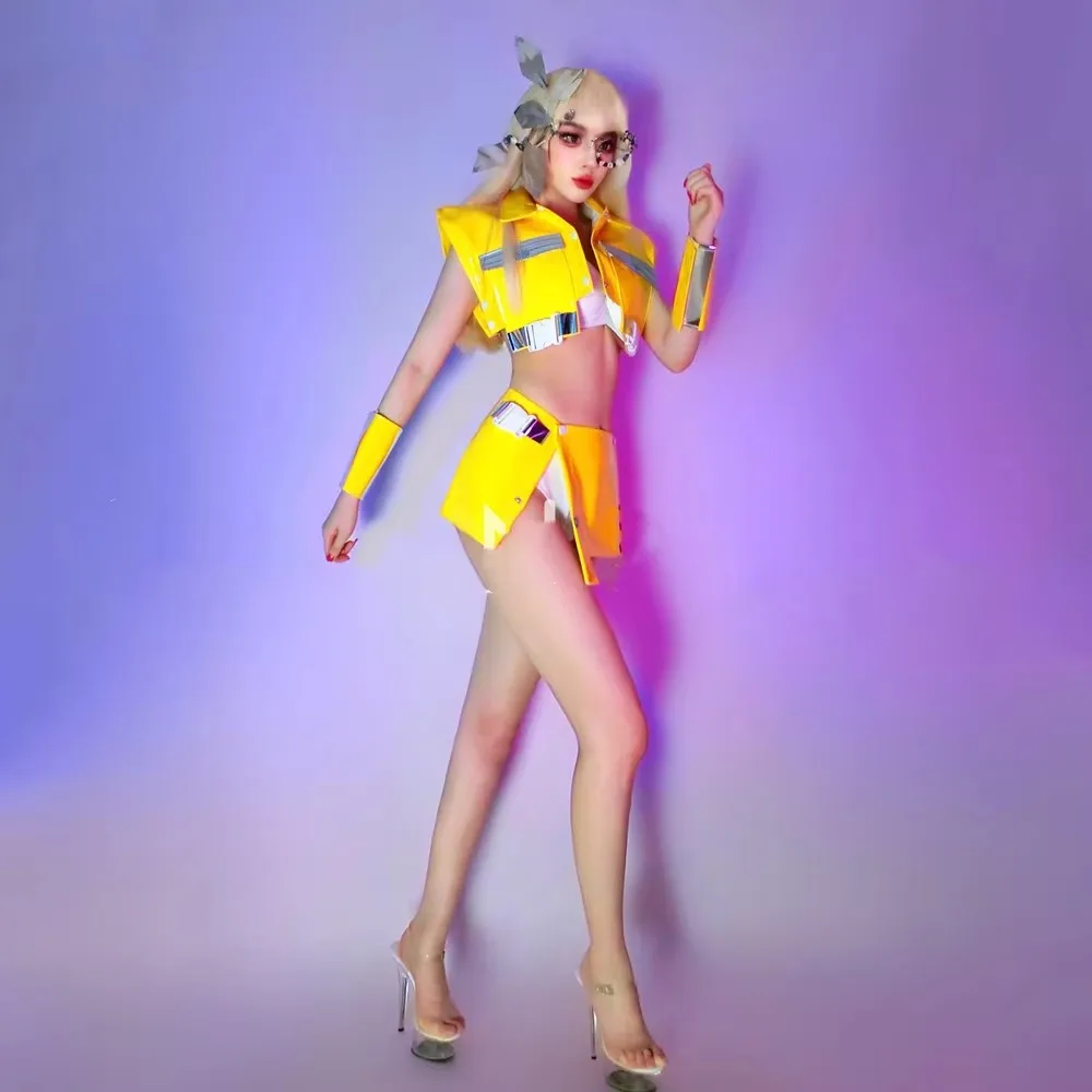 Damesrok en topset Geel Lasergesneden dansteamkostuum Sexy Jazz Girl Group Nachtclub Podium Gogo Performance Rave Outfit