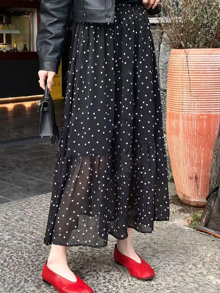 

Hebe Style High Waist Black Polka Dot Midi Skirt Women's Spring Summer New A-Line Versatile Mid-Length Skirt City Walk