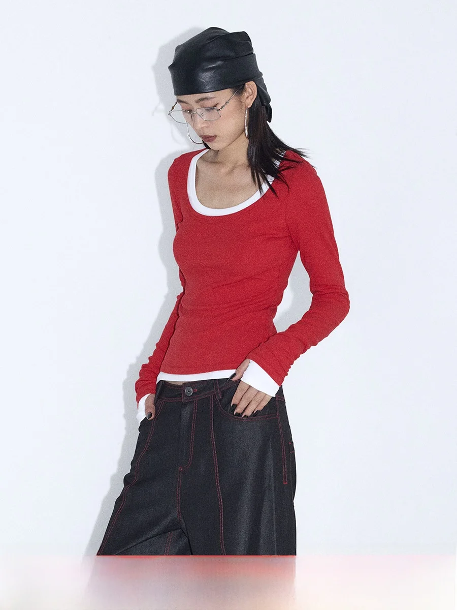 

Ourhour Slim Fit Overhead T-irt Women's Autumn Base irt Simple Large U Ne White Red Sve Thumb Hole Cotton Blend Tee