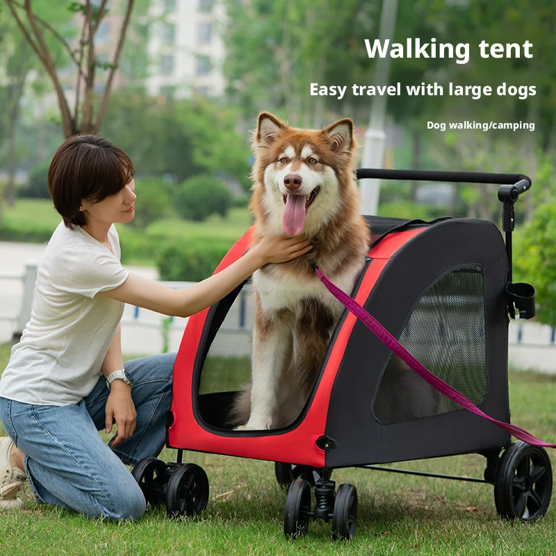 Heavy Duty Pet Dog Stroller With Storage Cup Holder, Collapsible Breathable Mesh Wagon for Big Dogs