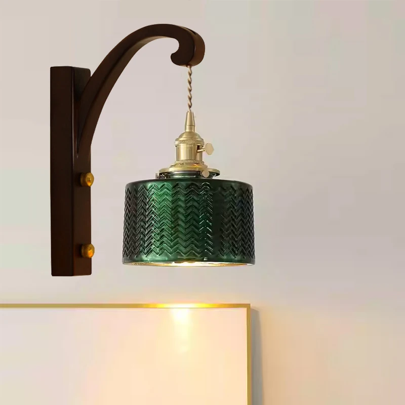 フランス風レトロガラス壁掛け照明-木製リビングルームled高級廊下ランプ-ベッドサイドライトバー-ホテル壁掛け照明-銅製通路用燭台