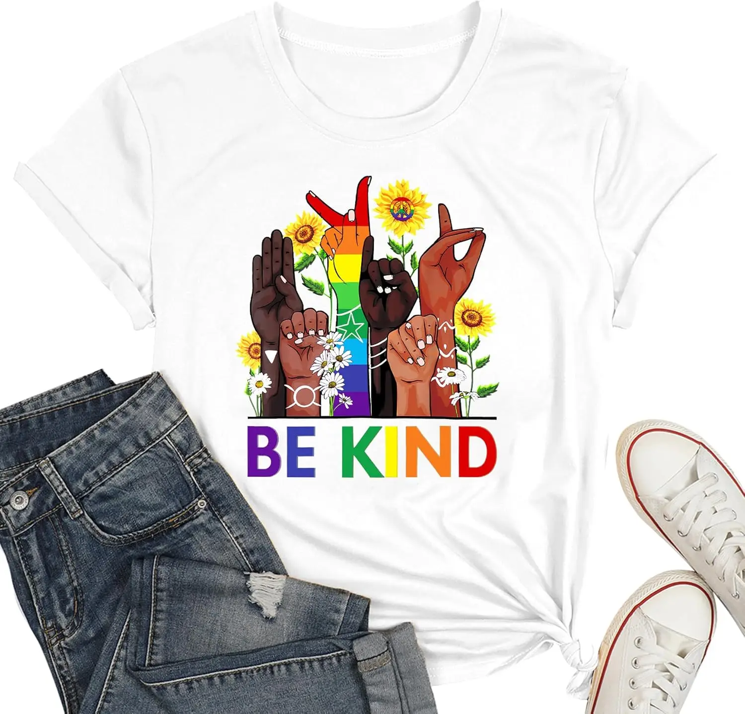 Pride  Women Be Kind Sign Language Tshirt Rainbow Clothes for  O-neck Funny Tshits Modal Breathable All-match Unique Print