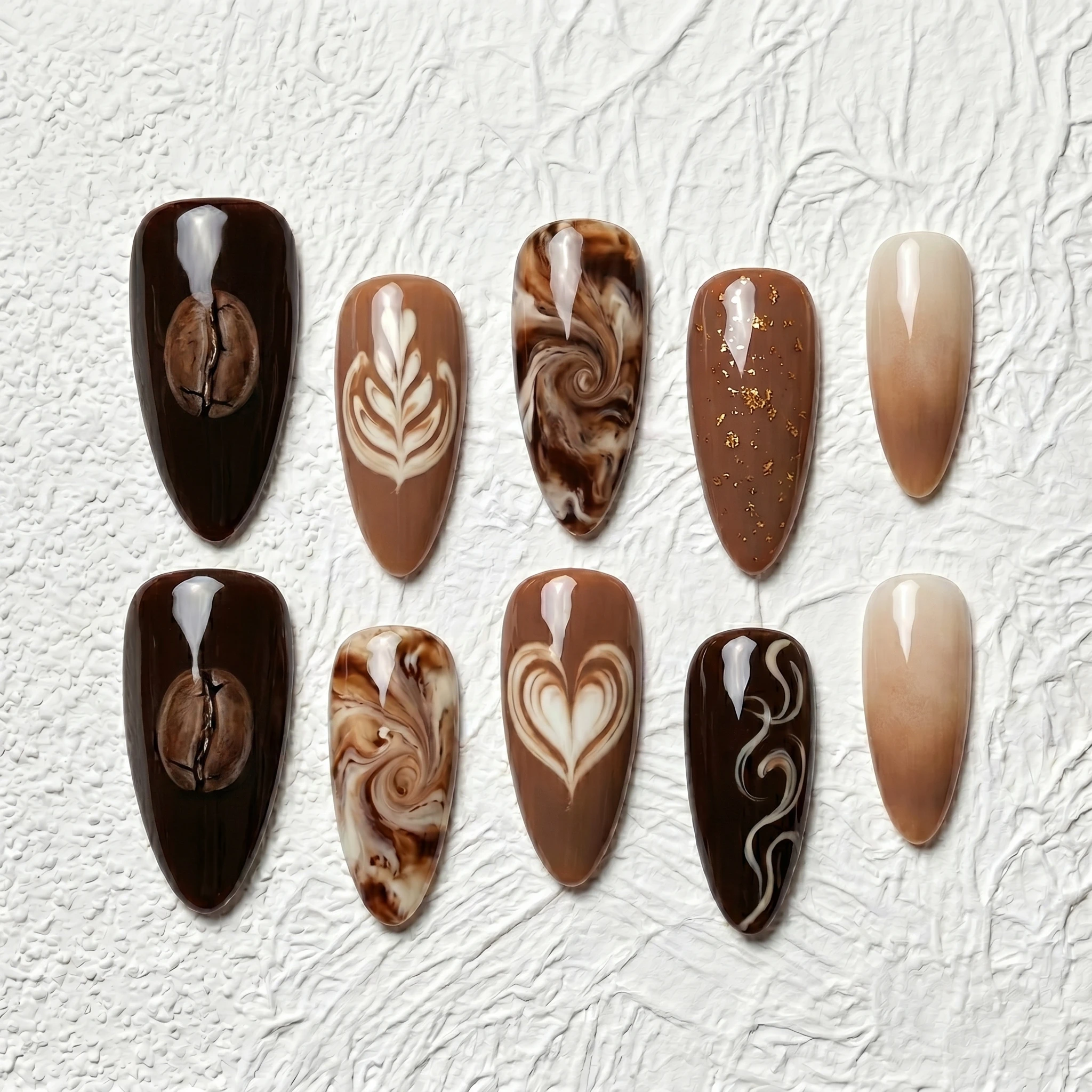 

Artisan Handcrafted 10PCS Coffee Art Almond Press-On Nails | 3D Beans, Latte Swirls, Hearts, Gold Foil Party Daily Wear