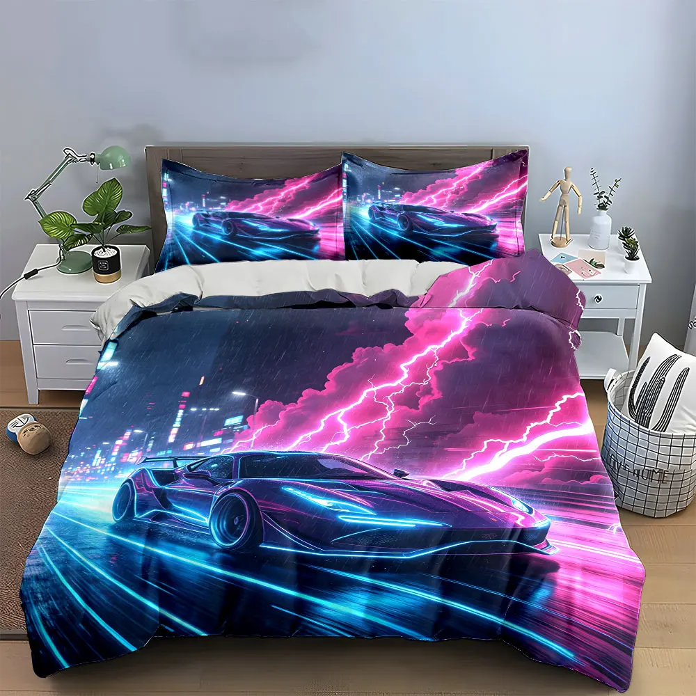 Neon Purple Sports Car City Rain Bedding Set,Lightning Night Street Racing Print Bedding,Cool Cyberpunk 3PC For Youth Boys Room