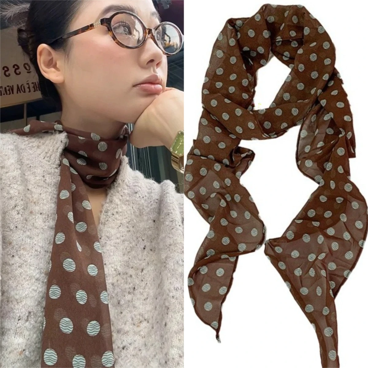 

Французский шарф в горошек в стиле ретро, длинный роскошный тонкий шарф кофейного цвета, высококачественная универсальная повязка на голову, женские модные шелковые шарфы
