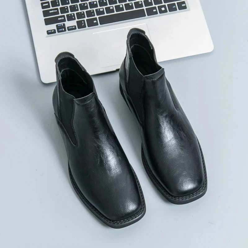 Men's Square Toe Short Chelsea Boots Elastic Side Panels Vintage Retro Ankle Boots Soft Soled Non Slip Business Casual Shoes