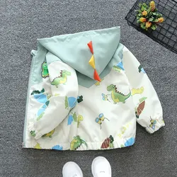 Spring Autumn Baby Boys Coats Full Print Cartoon Dinosaur Splicing Hooded Windbreak For 1-6 Years Kids Handsome Outwear