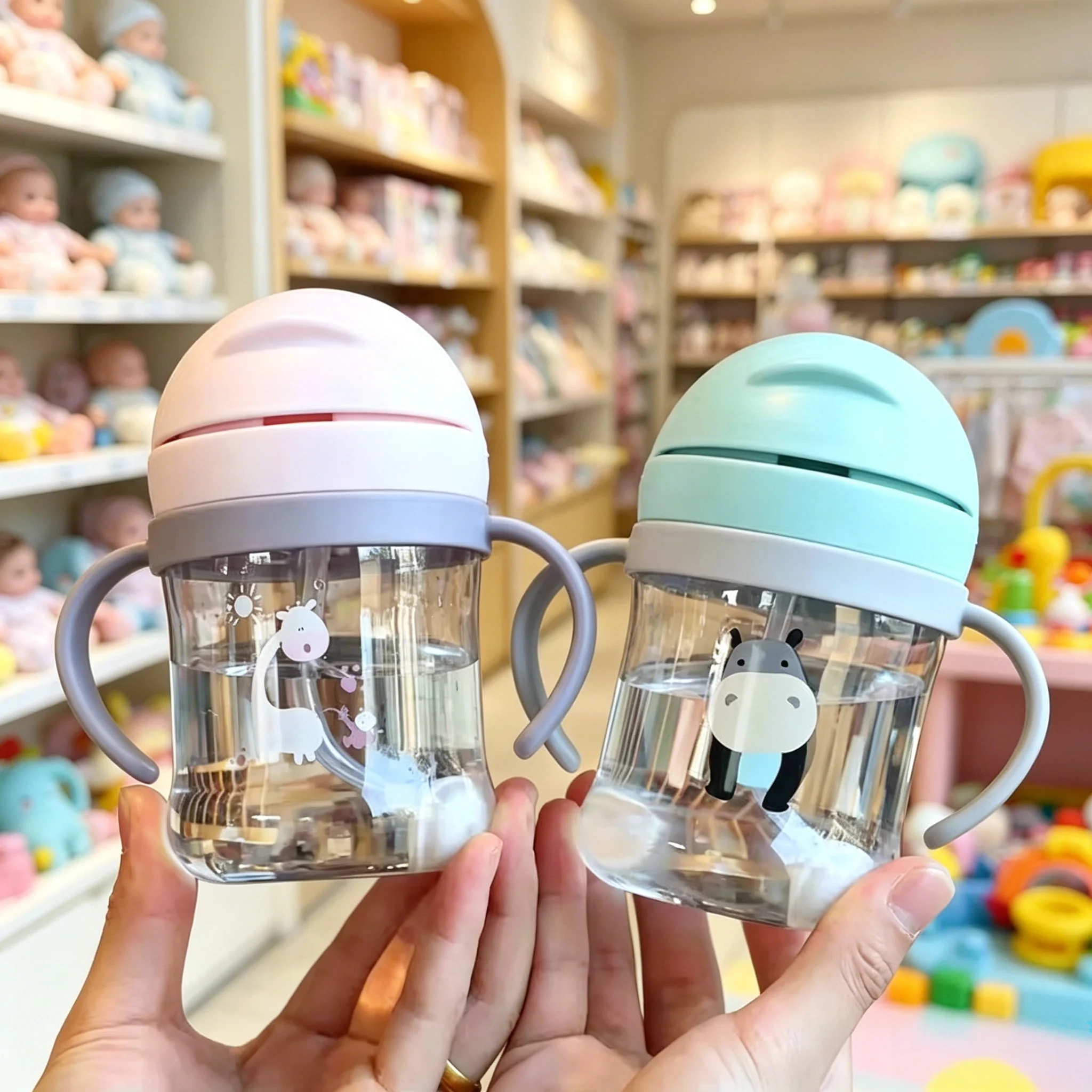 250ML Cartoon Pattern Outdoor Child Drinking Bottle with Straw Baby Feeding Cup for Kids Training Portable Handle Water Bottle