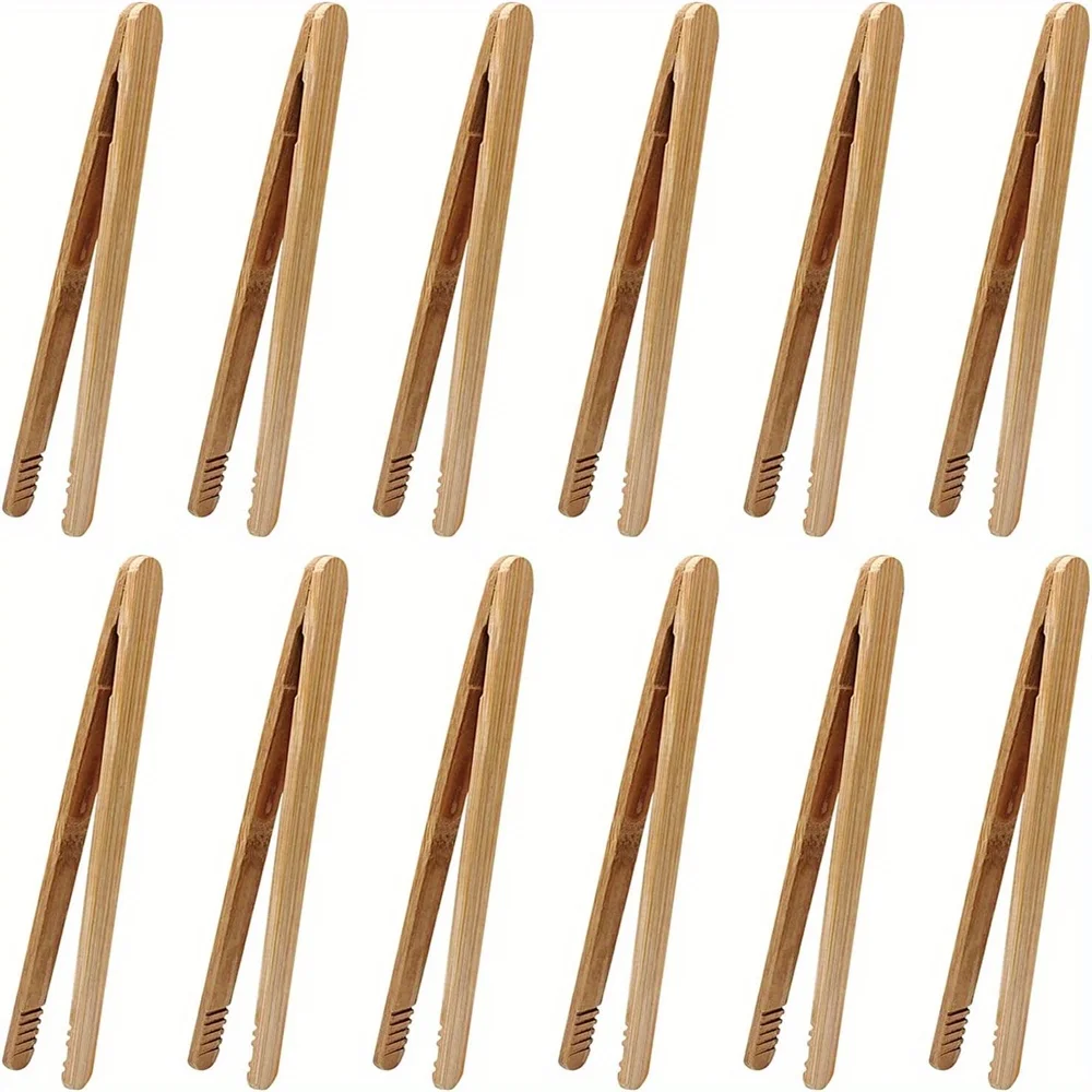 12pcs High-Quality Bamboo Tongs, 7-Inch - Sturdy & Durable for Serving Toast, Cheese, Fruits, Salad | Lightweight, Easy Grip