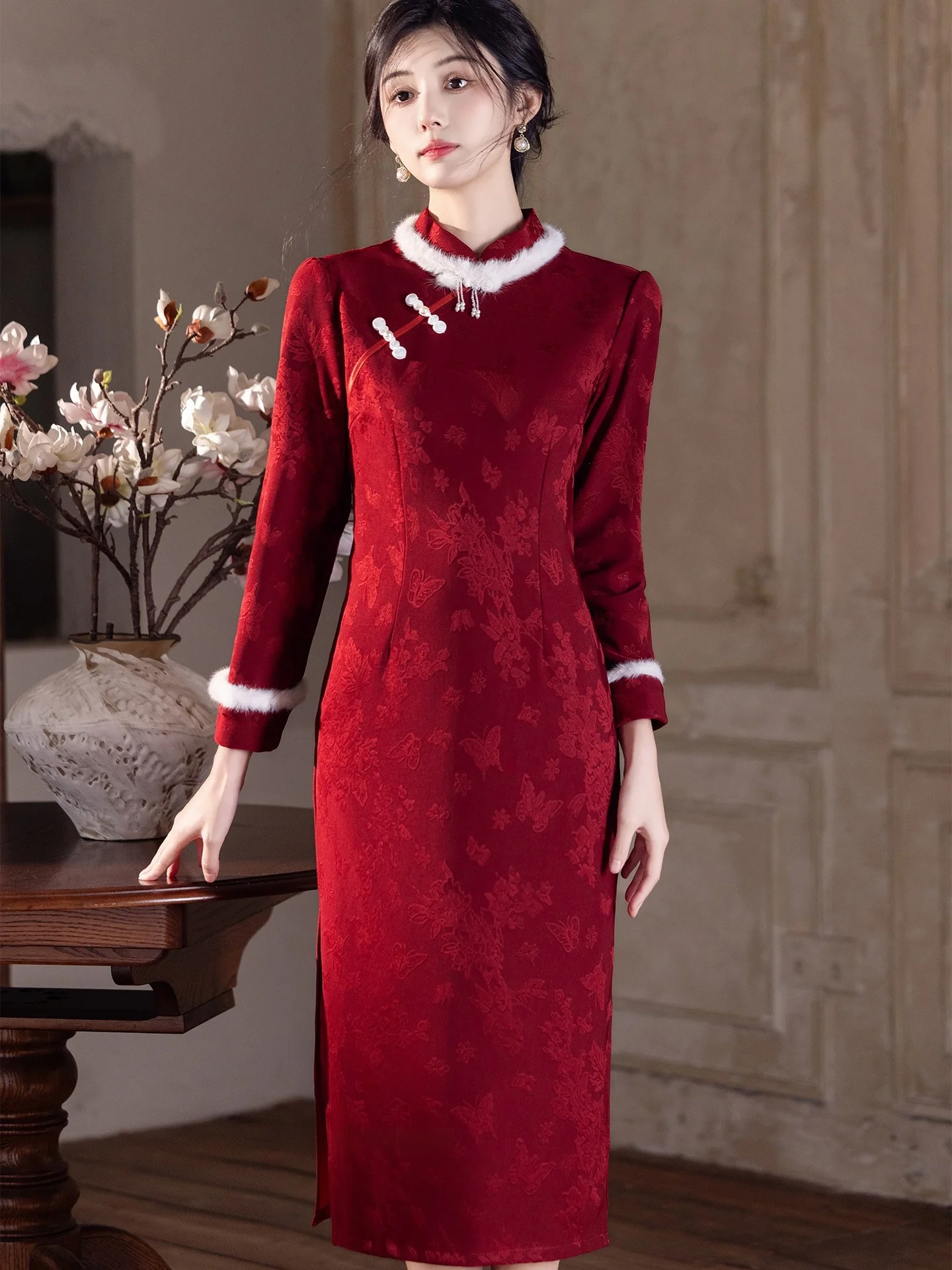New Chinese Sle Long  Fro Coat Wine Red Winter Wedding Engagement Ceremony High Warmth Fce Lined Girls