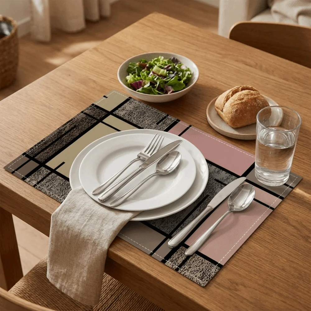 2PCS Creative Oil-Proof Dining Table Mat Ethnic Style Geometric Design Heat-Insulating Mat Rectangular Flax Placemat Restaurant