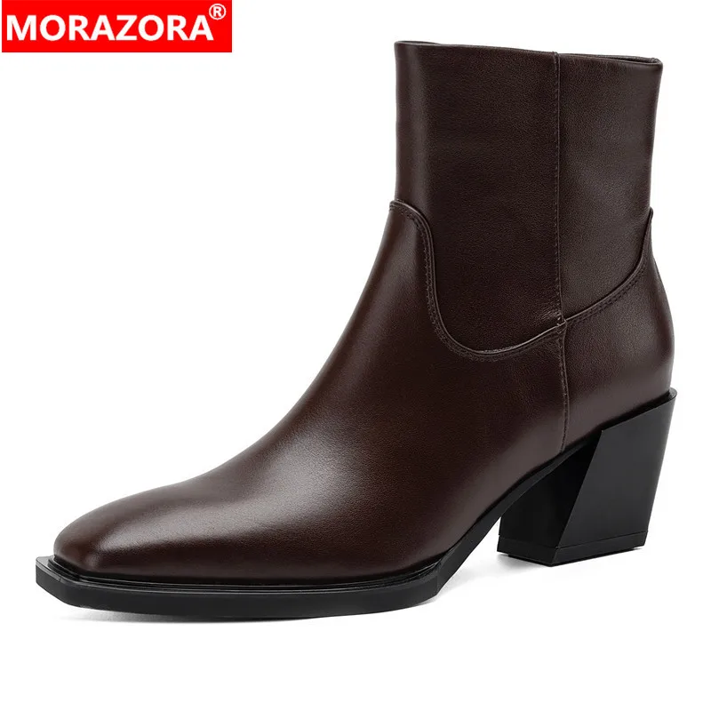 MORAZORA Fashion Nature Genuine Leather Ankle Boots For Women Chunky High Heels Autumn Winter Boots Office Dress Shoes
